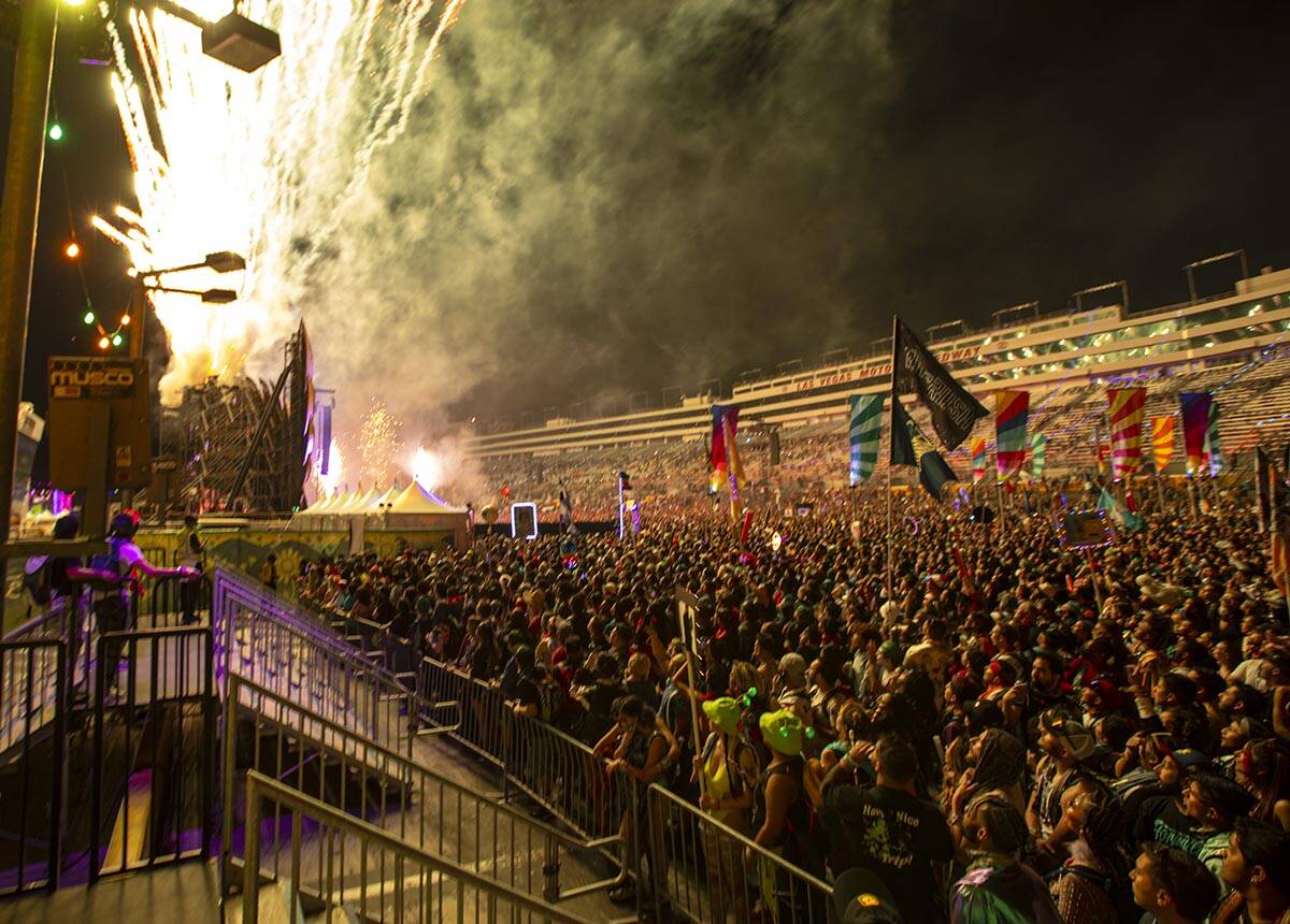 Fireworks go off during the opening ceremony at the Cosmic Meadow stage during the first day of ...