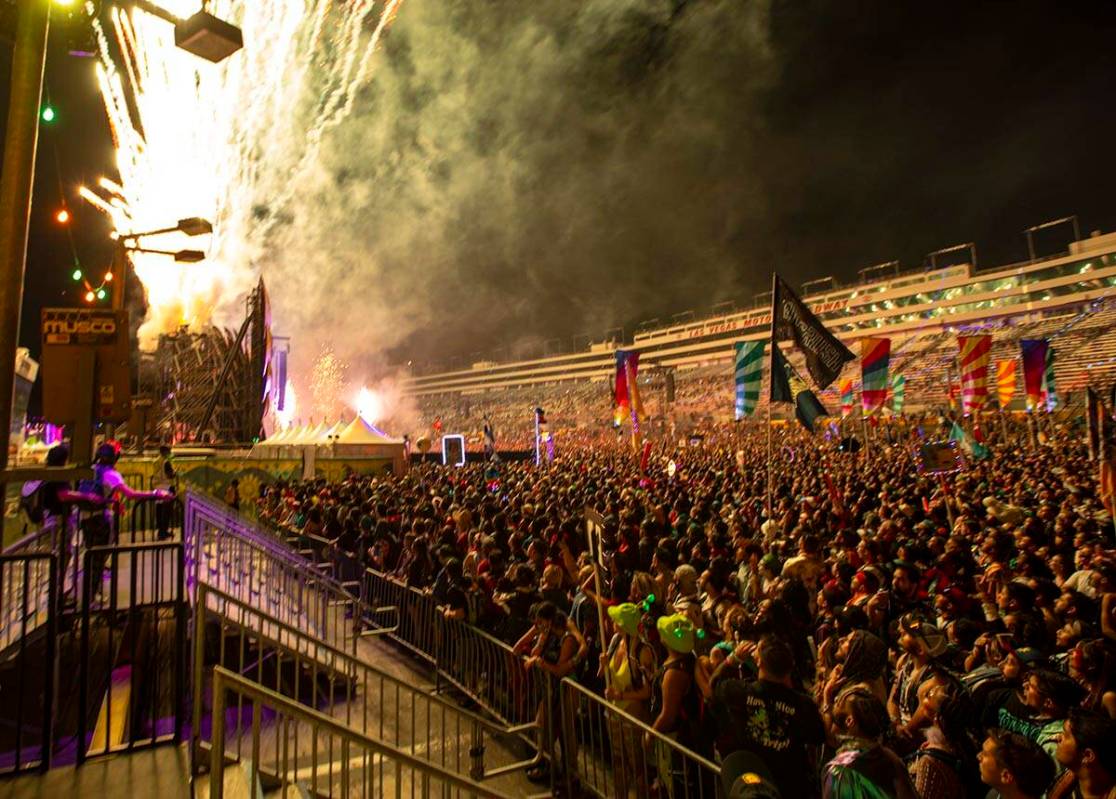 Fireworks go off during the opening ceremony at the Cosmic Meadow stage during the first day of ...