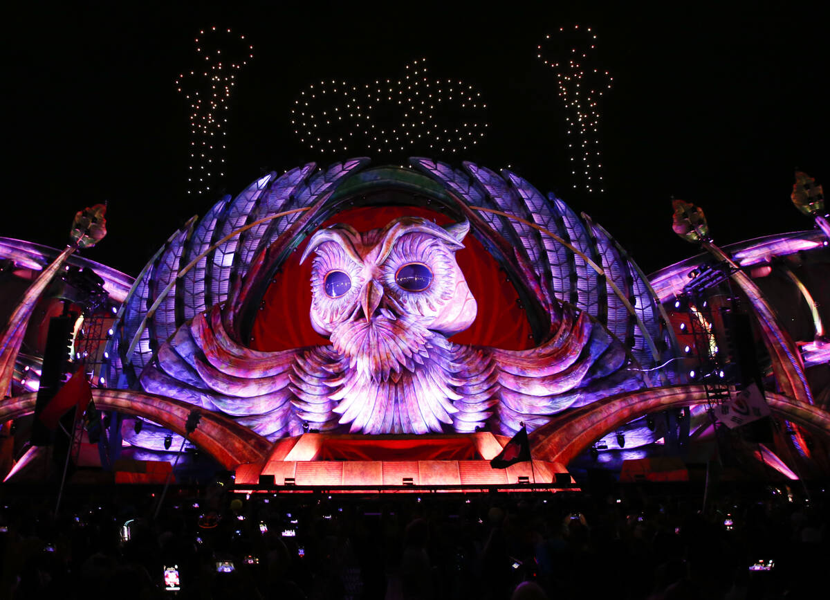 Drones light up the sky above the Kinetic Field stage for a 25th anniversary celebration during ...
