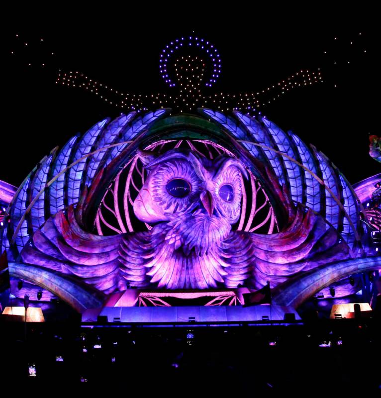 Drones light up the sky above the Kinetic Field stage for a 25th anniversary celebration during ...