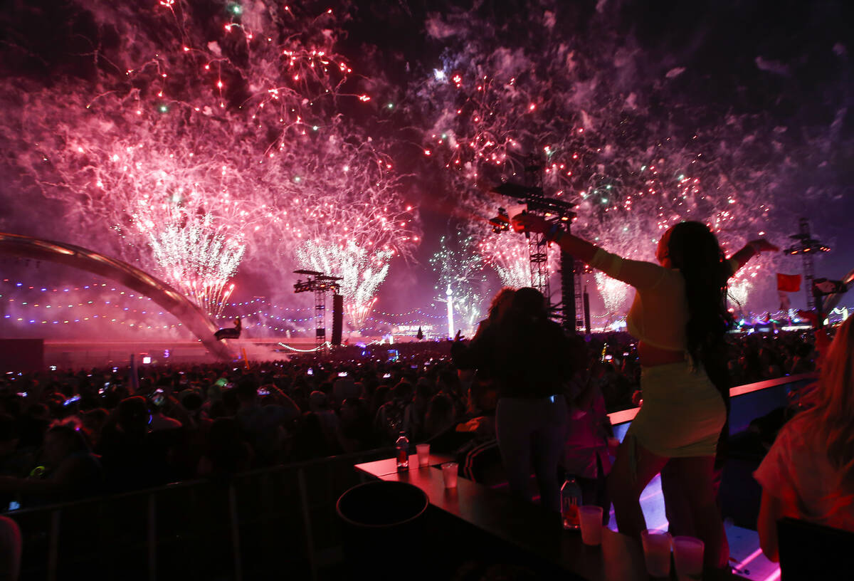 Fireworks light up the sky as seen from the Kinetic Field during the first day of the Electric ...