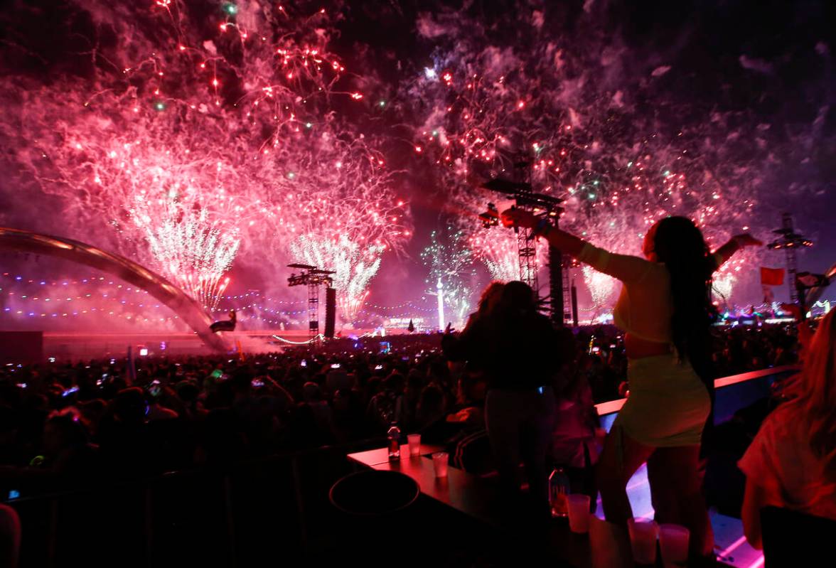 Fireworks light up the sky as seen from the Kinetic Field during the first day of the Electric ...