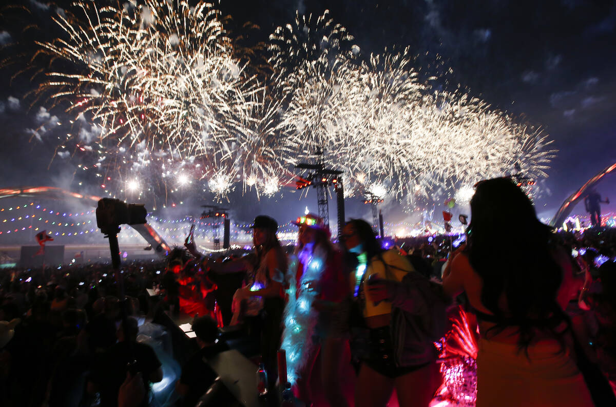 Fireworks light up the sky as seen from the Kinetic Field during the first day of the Electric ...