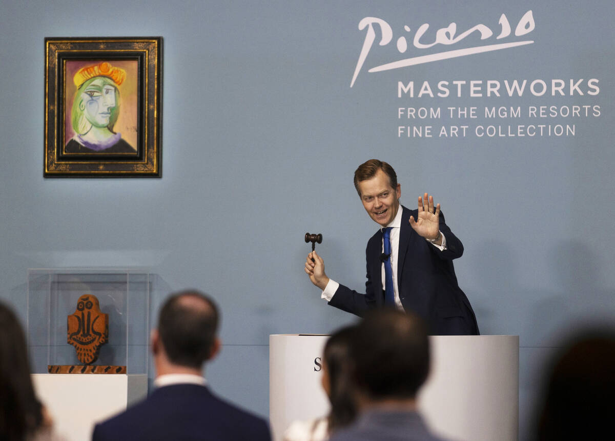 Oliver Barker takes bids during an auction held by Sotheby's featuring eleven of Pablo Picasso& ...