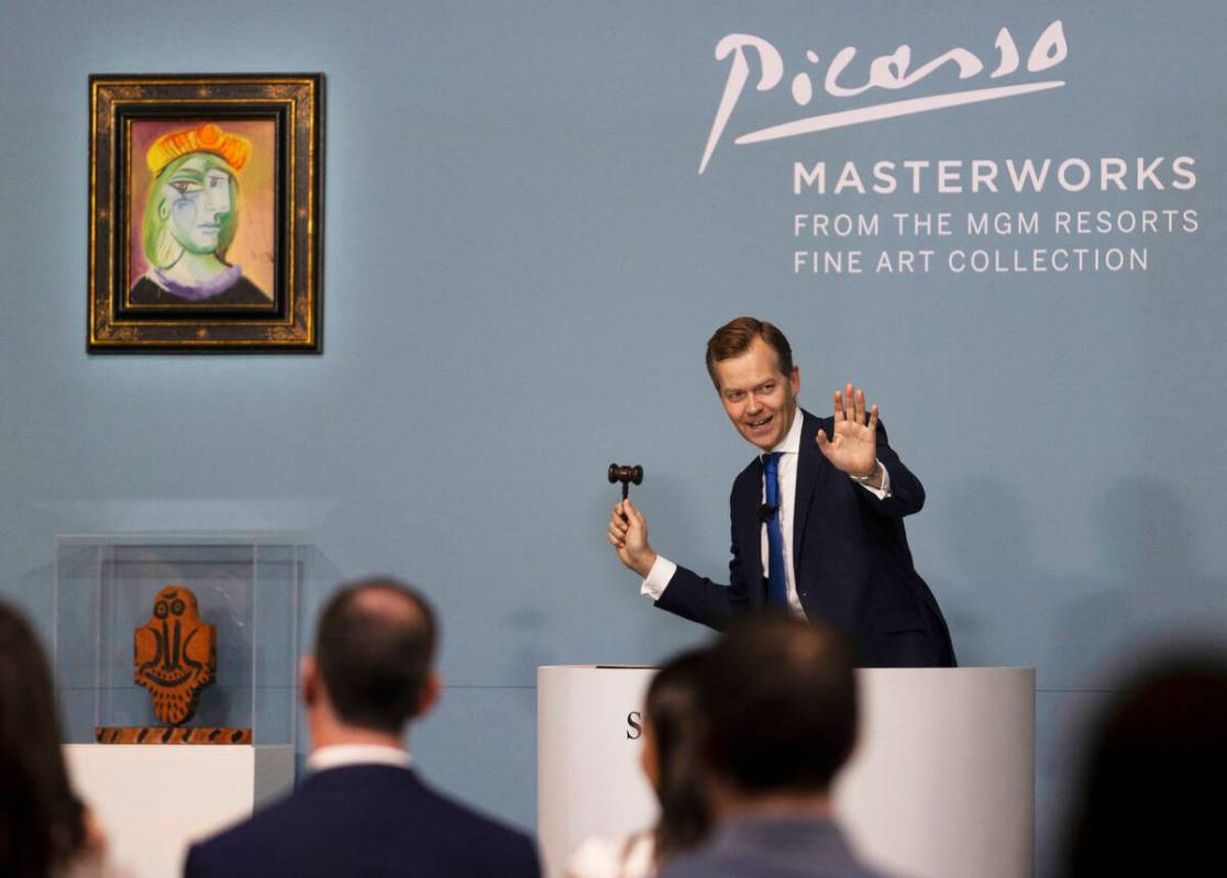 Oliver Barker takes bids during an auction held by Sotheby's featuring eleven of Pablo Picasso& ...