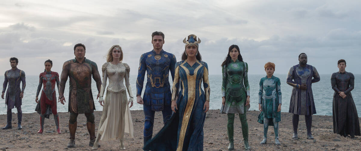 (L-R): Kingo (Kumail Nanjiani), Makkari (Lauren Ridloff), Gilgamesh (Don Lee), Thena (Angelina ...