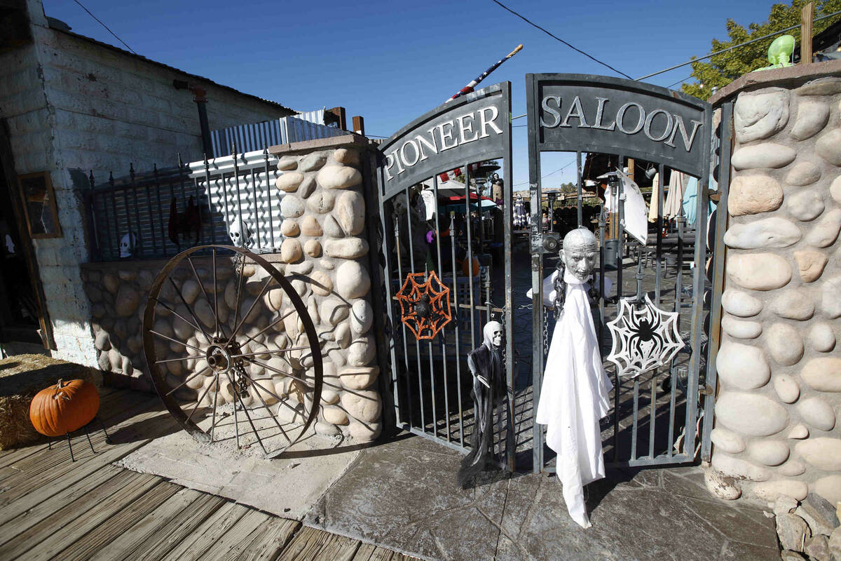 Halloween decorations are seen at the Pioneer Saloon, Thursday, Oct. 28, 2021, in Goodsprings, ...