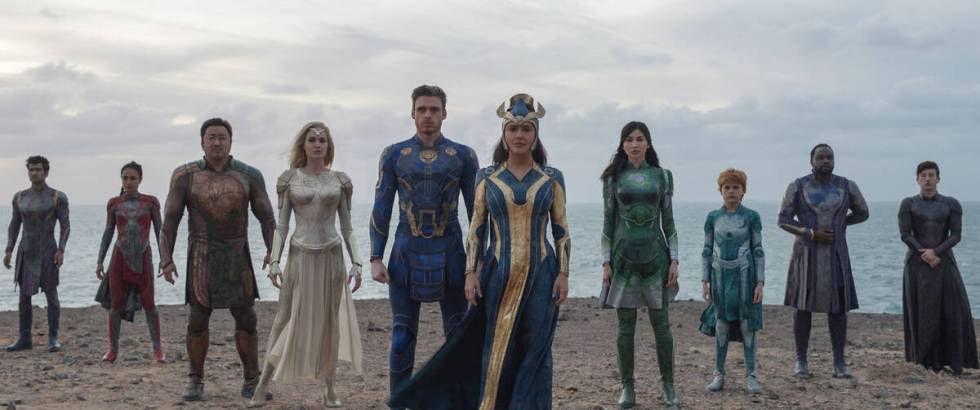 From left, Kingo (Kumail Nanjiani), Makkari (Lauren Ridloff), Gilgamesh (Don Lee), Thena (Angel ...