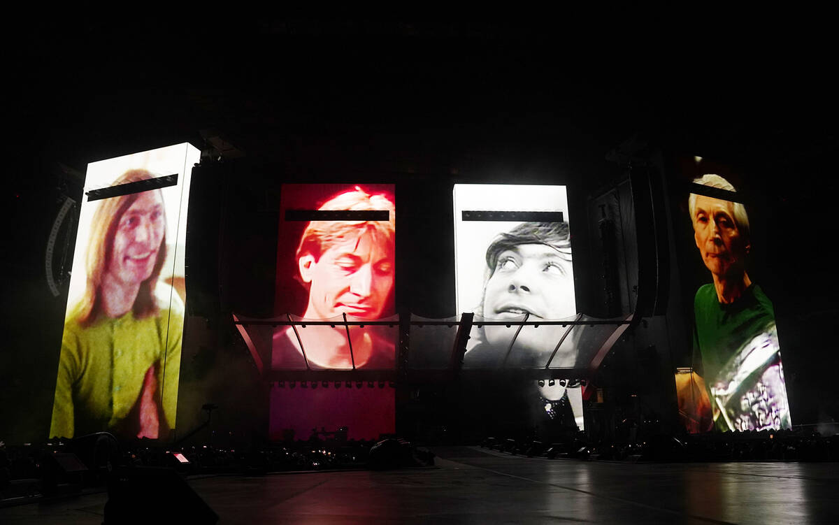 A video tribute to the late Rolling Stones drummer Charlie Watts is displayed onstage before th ...