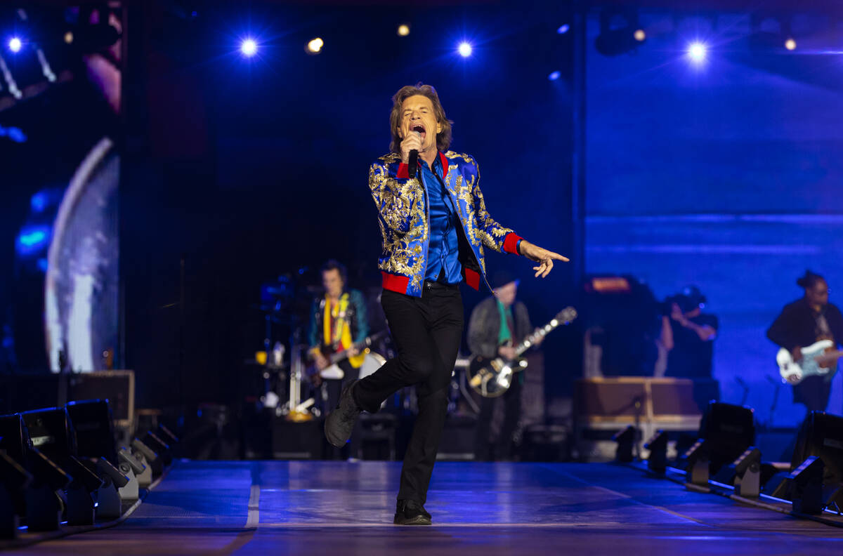 Mick Jagger of The Rolling Stones performs at Allegiant Stadium in Las Vegas on Saturday, Nov. ...