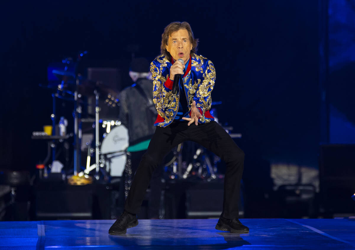 Mick Jagger of The Rolling Stones performs at Allegiant Stadium in Las Vegas on Saturday, Nov. ...