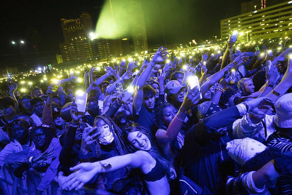 Festival goers dance during a performance at During Day N Vegas at the Las Vegas Festival Groun ...