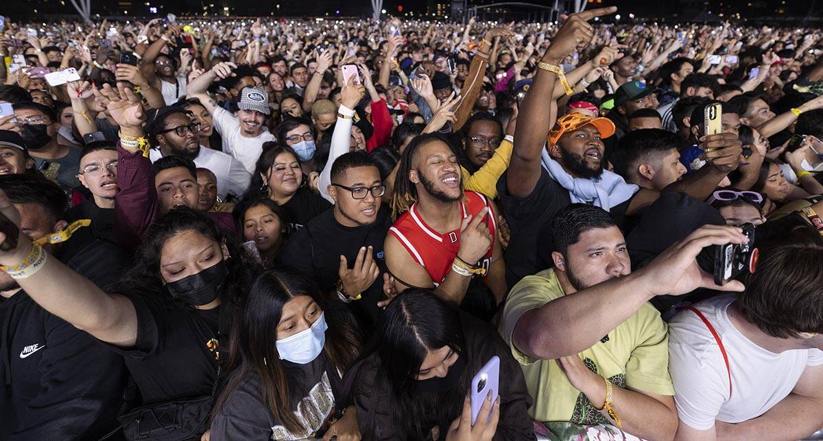 Festival goers dance during a performance at during Day N Vegas at the Las Vegas Festival Groun ...