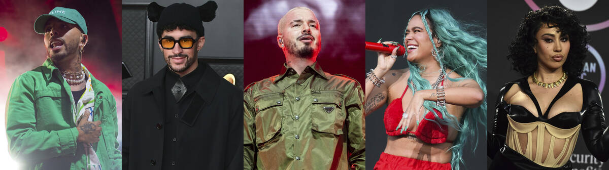 This combination of photos shows Grammy nominees for Best Musica Urbana Album, from left, Rauw ...