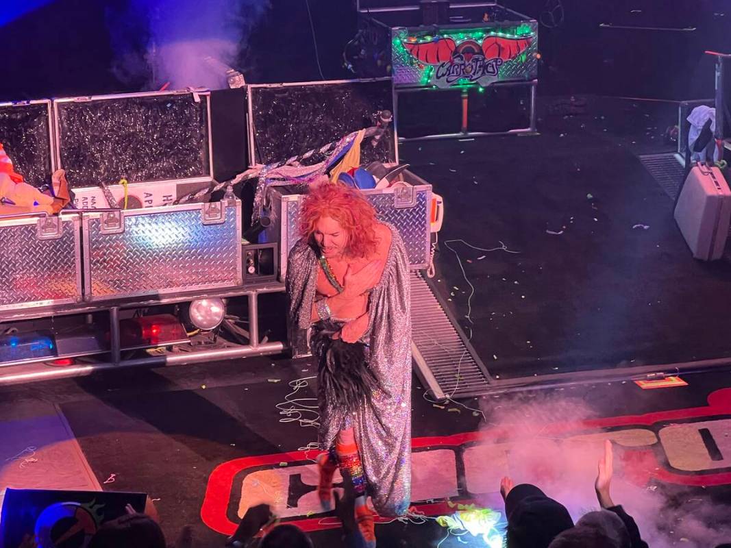 Carrot Top performs during his 16th anniversary show at the Luxor on Monday, Nov. 22, 2021. (Jo ...
