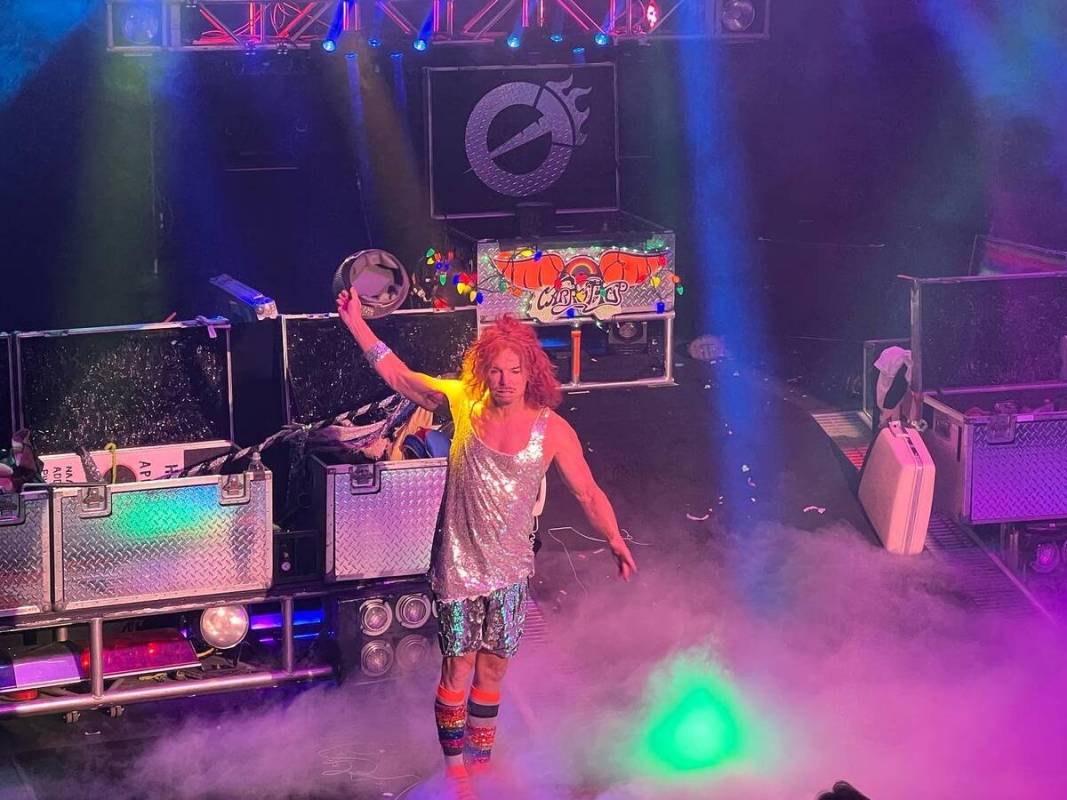 Carrot Top performs during his 16th anniversary show at the Luxor on Monday, Nov. 22, 2021. (Jo ...