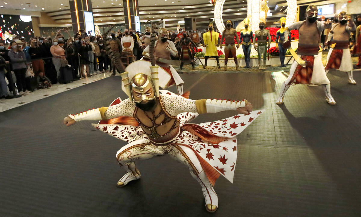 Cirque Du Soleil's KÀ artists perform battle scenes during a pop-up performance in the lobby o ...