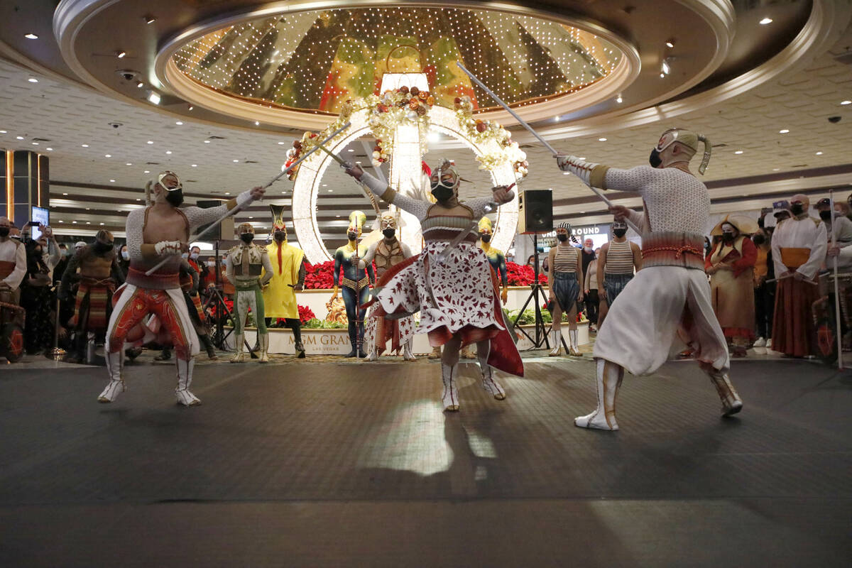 Cirque Du Soleil's KÀ artists perform battle scenes during a pop-up performance in the lobby o ...