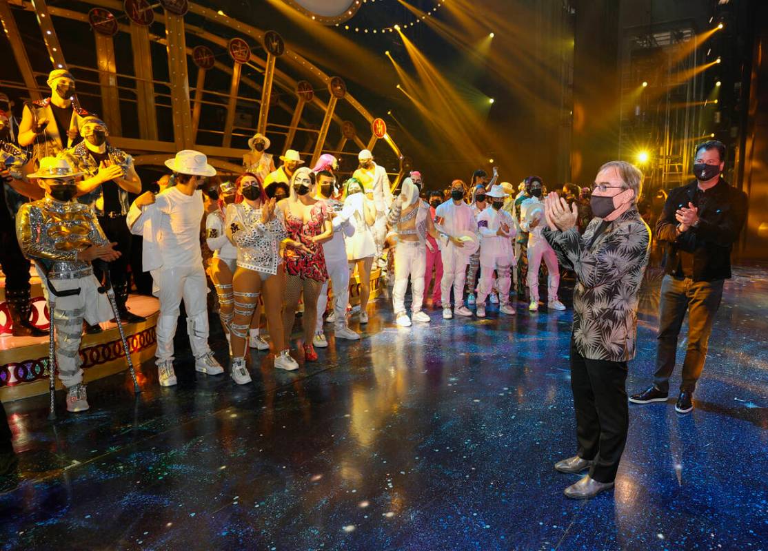 Cirque du Soleil President & CEO Daniel Lamarre (C) speaks to cast members after the grand reop ...