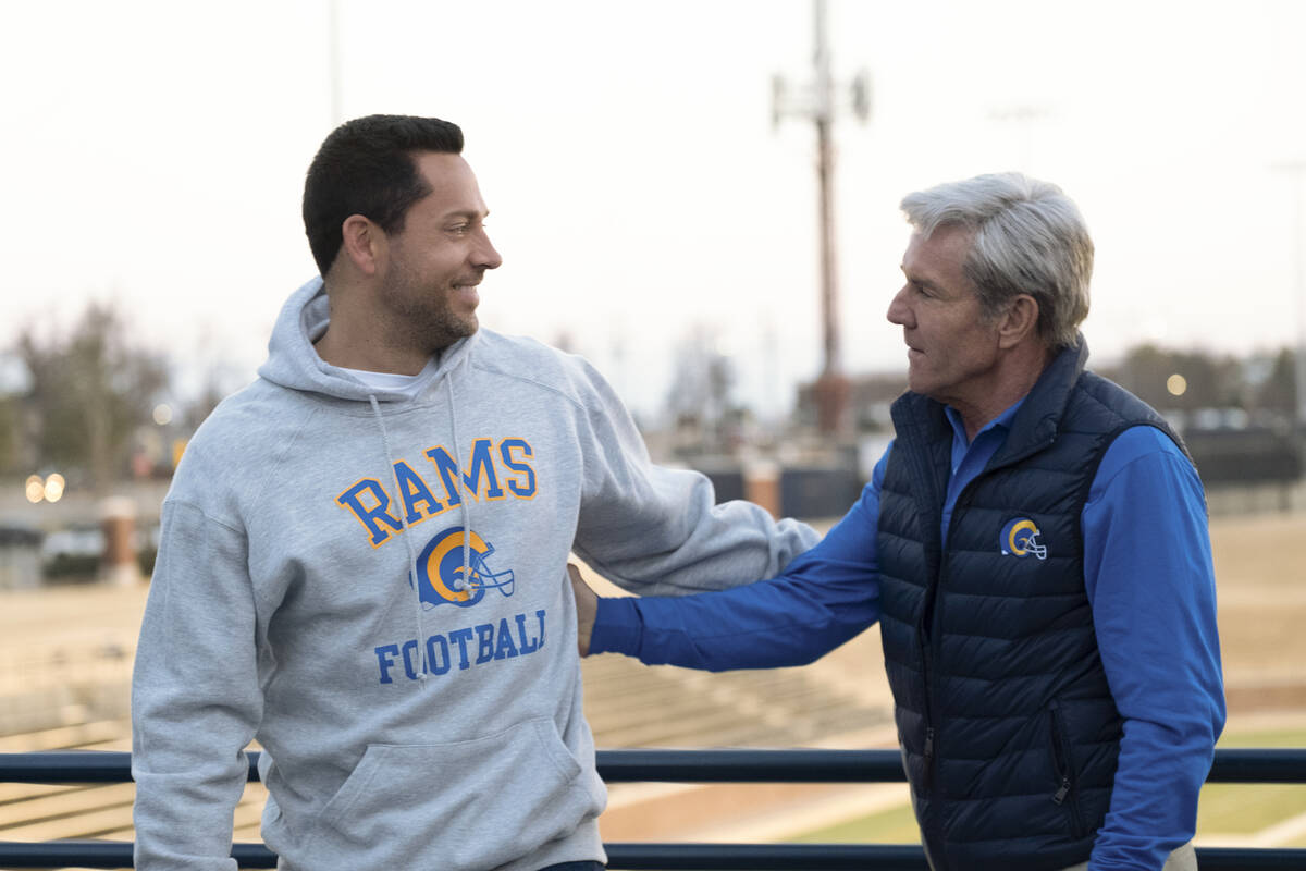 Zachary Levi as Kurt Warner and Dennis Quaid as Dick Vermeil in American Underdog. Photo Credit ...