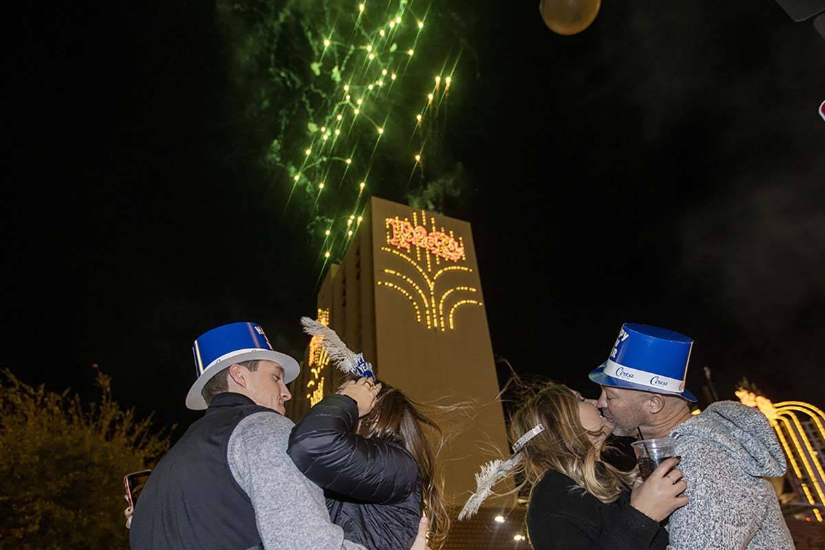 Fireworks explode over the south tower of the Plaza in downtown Las Vegas, Jan. 1, 2021. (L.E. ...