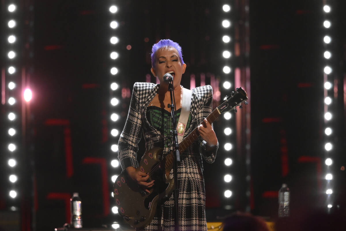 Jane Wiedlin of The Go-Go's performs during the Rock and Roll Hall of Fame Induction ceremony, ...