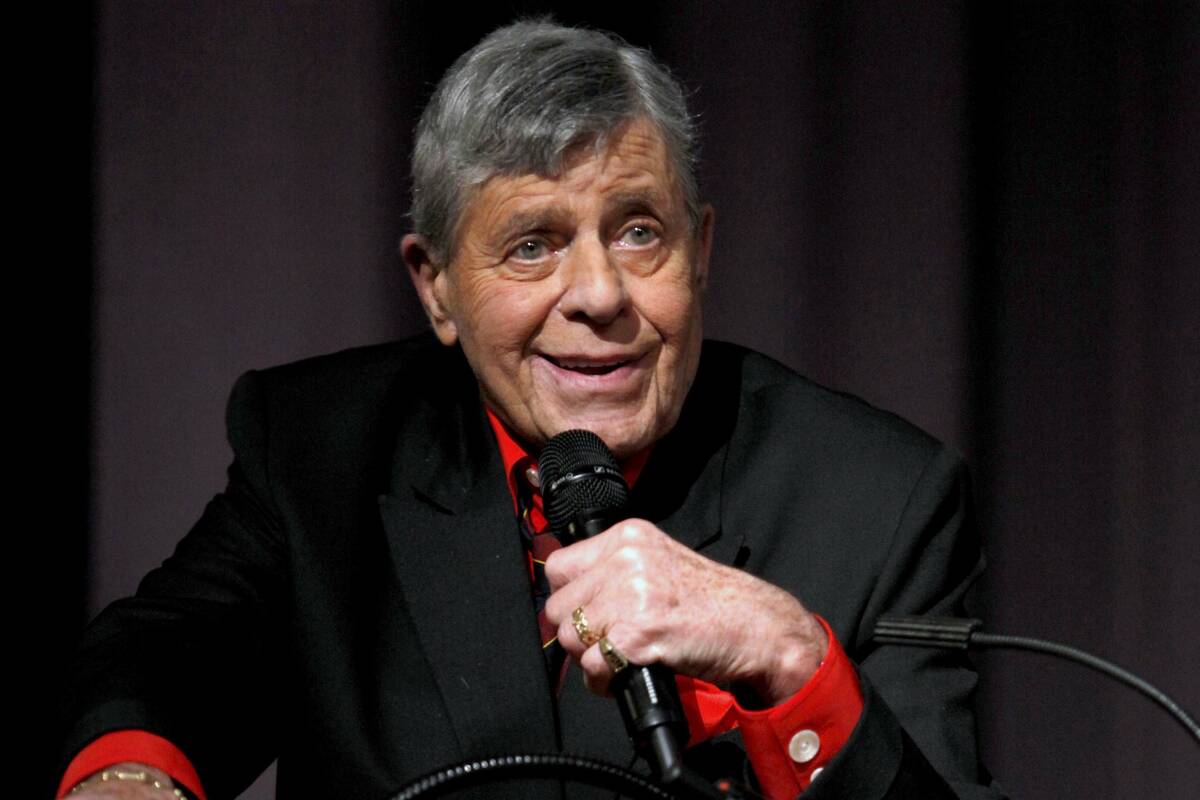 FILE - In this Dec. 7, 2011 file photo released by Starz shows comedian Jerry Lewis speaking at ...