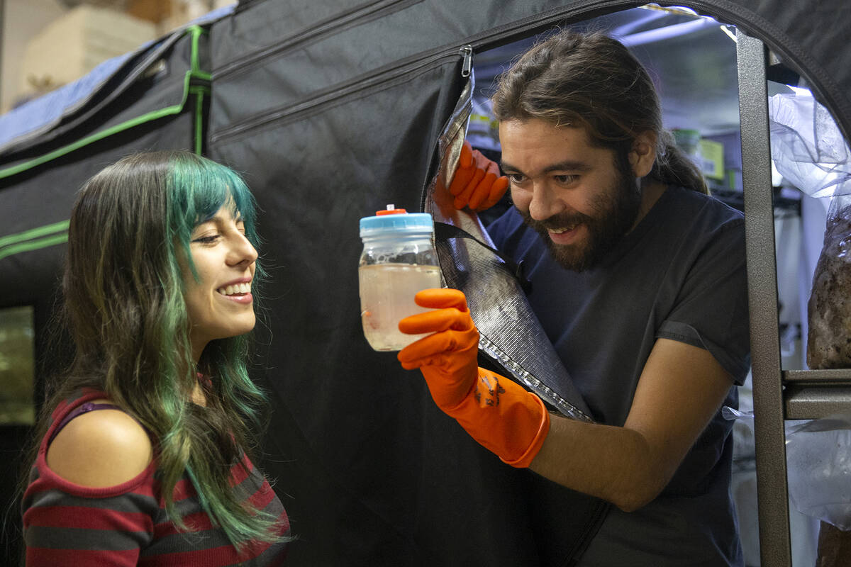 EvaSara Luna, left, and Enrique Gonzalez, marvel at a tiny mushroom that is growing in one of t ...