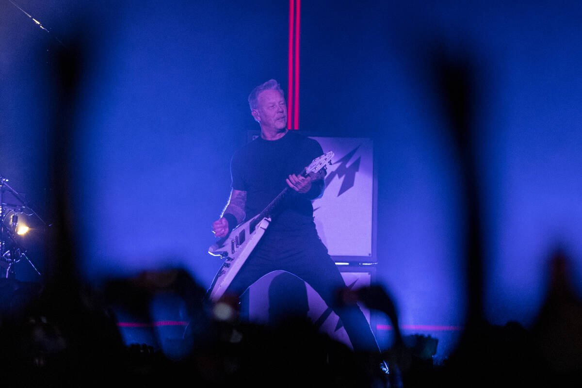 James Hetfield of Metallica performs in a music concert at Allegiant Stadium in Las Vegas, Frid ...