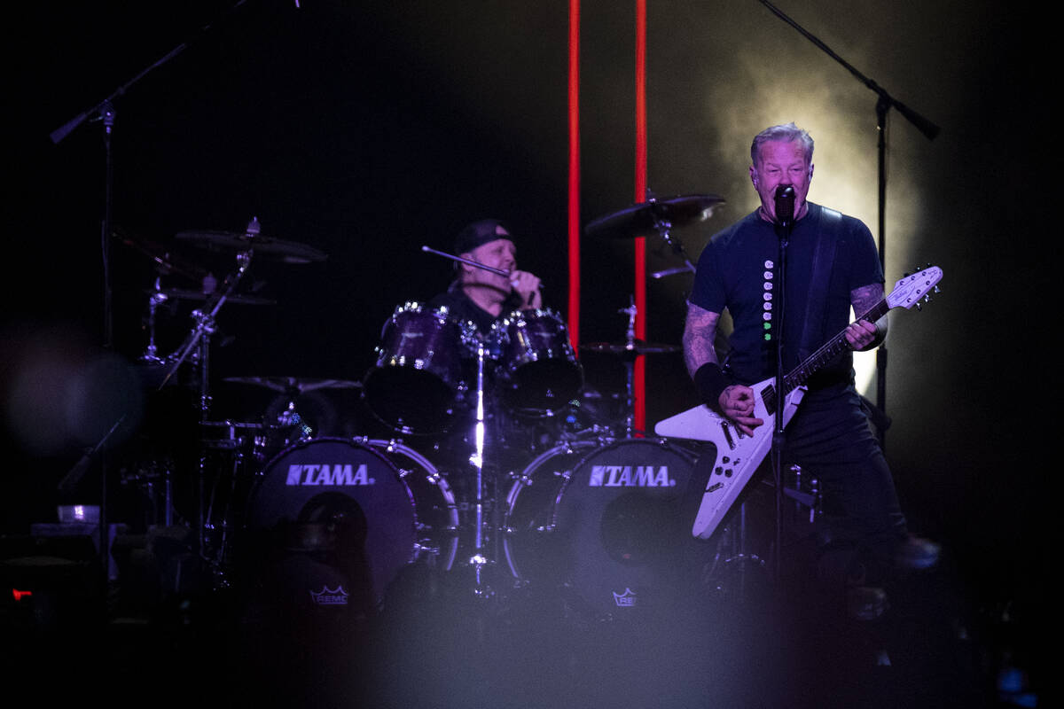 James Hetfield of Metallica performs in a music concert at Allegiant Stadium in Las Vegas, Frid ...