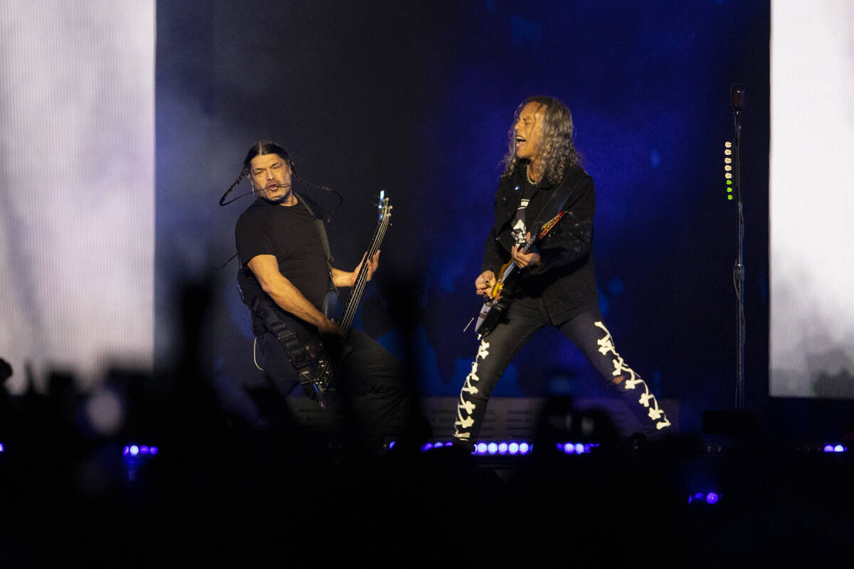 Robert Trujillo, left, and Kirk Hammett of Metallica perform in a music concert at Allegiant St ...