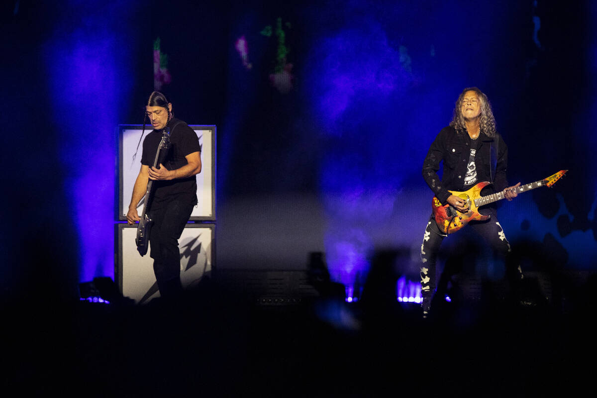 Robert Trujillo, left, and Kirk Hammett of Metallica perform in a music concert at Allegiant St ...