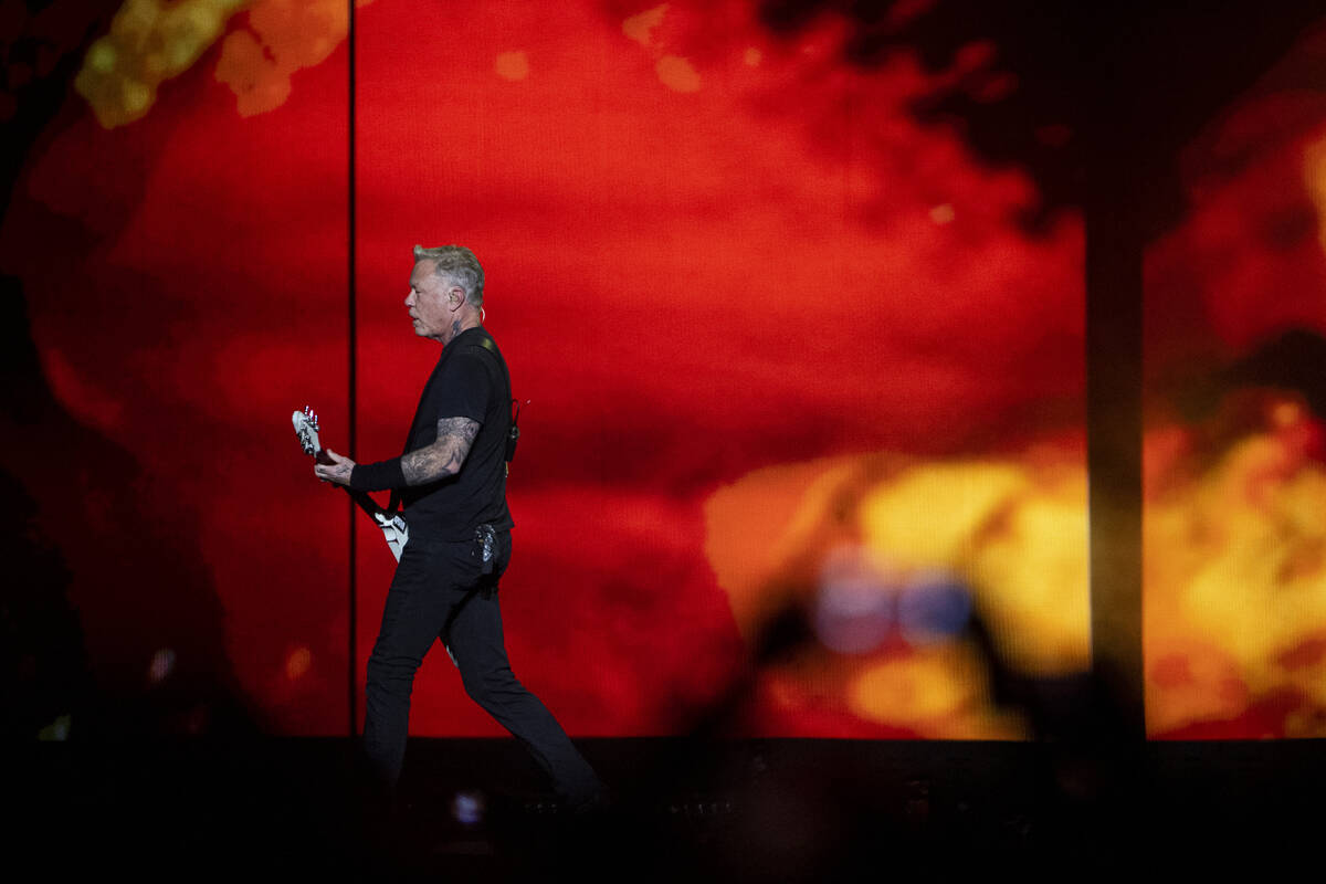 James Hetfield of Metallica performs in a music concert at Allegiant Stadium in Las Vegas, Frid ...