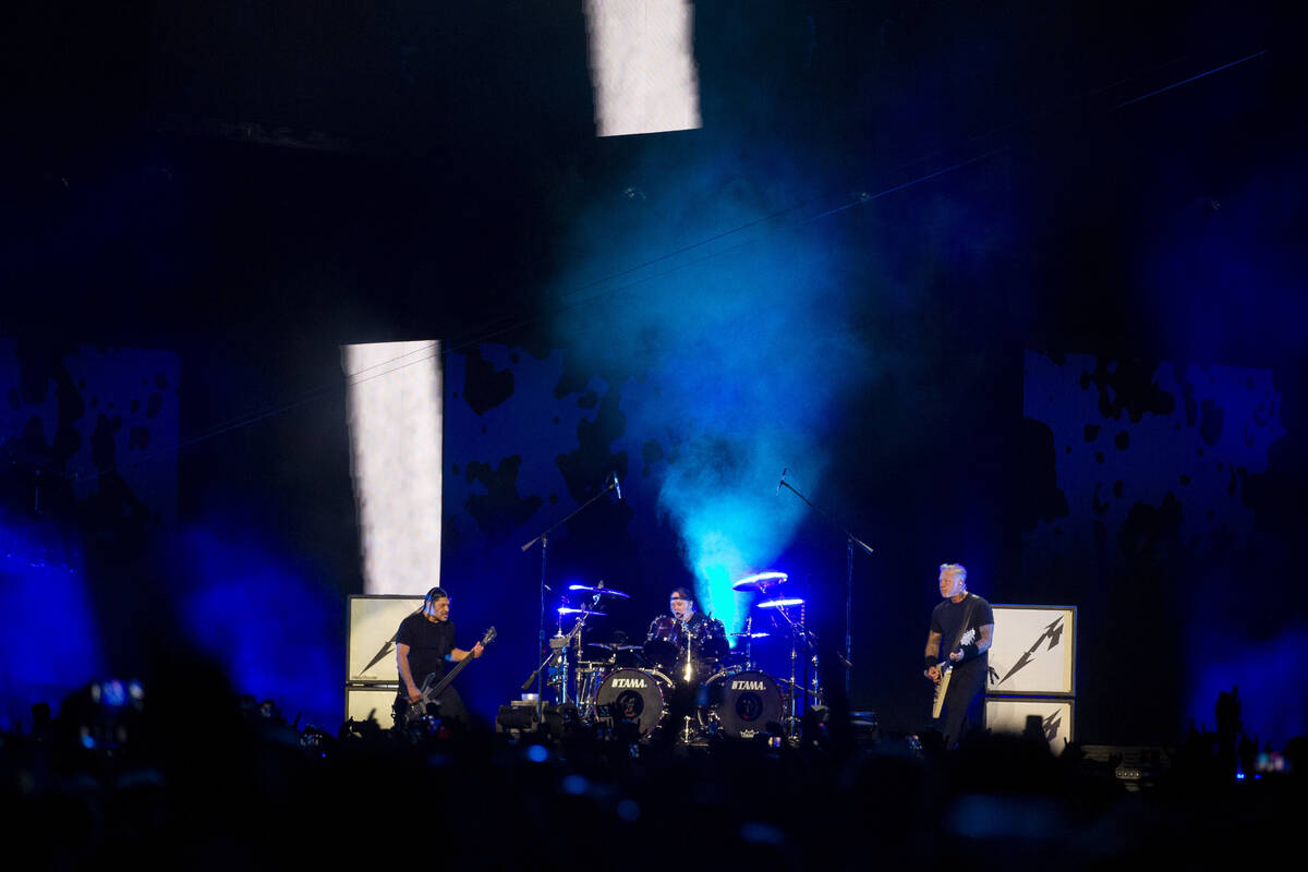 Metallica performs at Allegiant Stadium in Las Vegas, Friday, Feb. 25, 2022. (Erik Verduzco / L ...