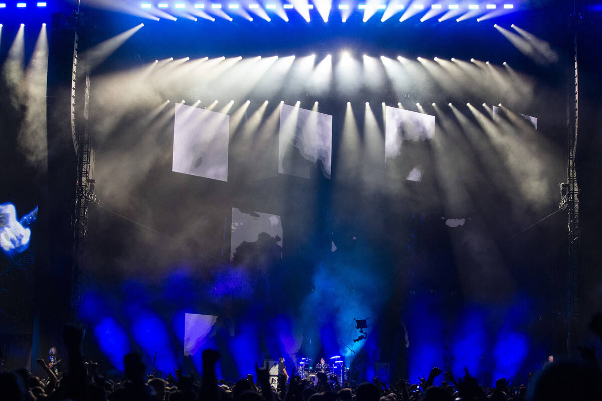 Metallica performs at Allegiant Stadium in Las Vegas, Friday, Feb. 25, 2022. (Erik Verduzco / L ...