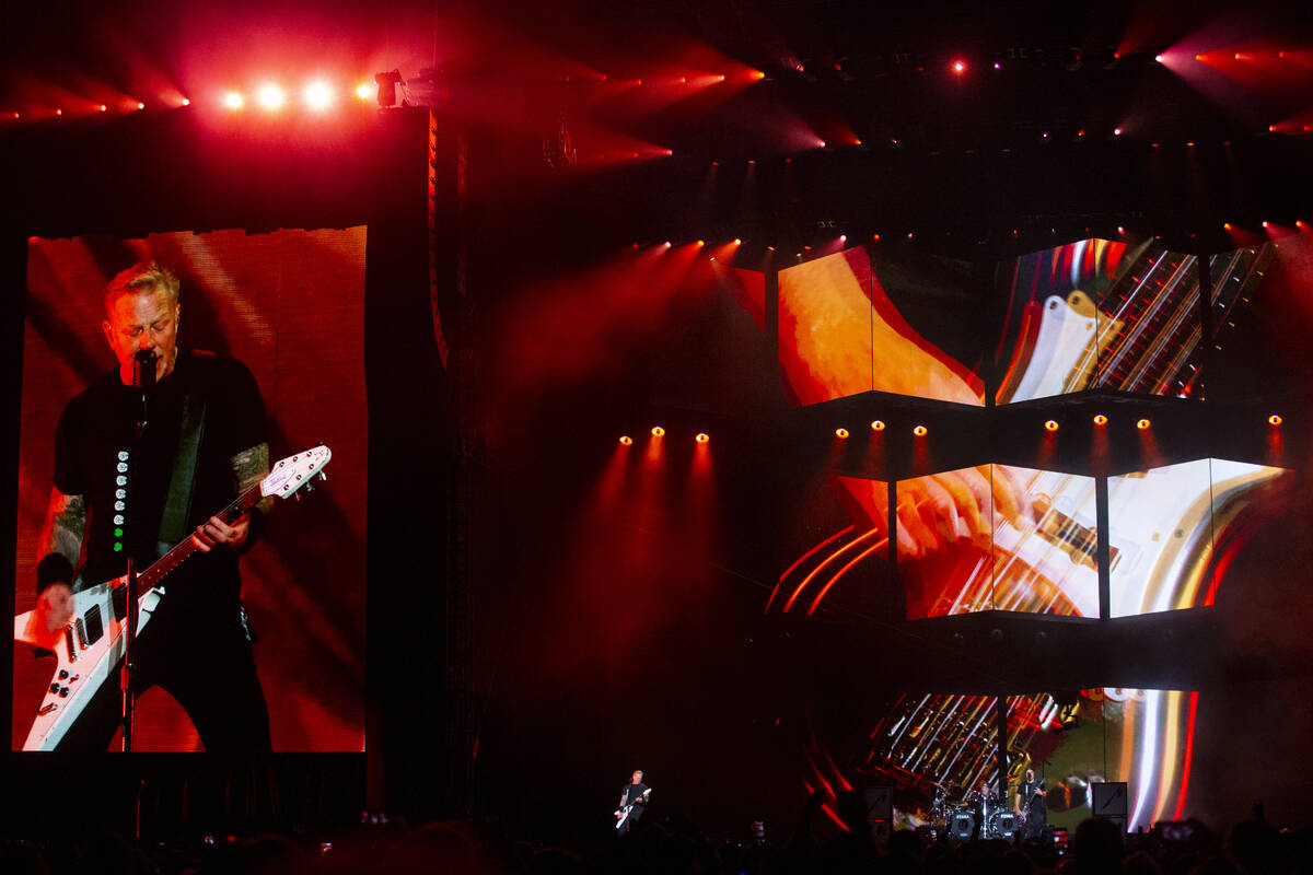 Metallica performs at Allegiant Stadium in Las Vegas, Friday, Feb. 25, 2022. (Erik Verduzco / L ...
