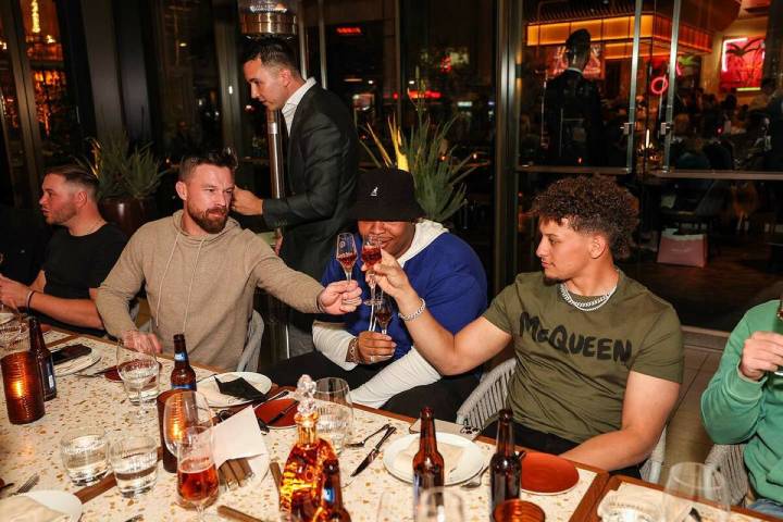 Kansas City Chiefs star quarterback, Patrick Mahomes, celebrates during his bachelor party dinn ...