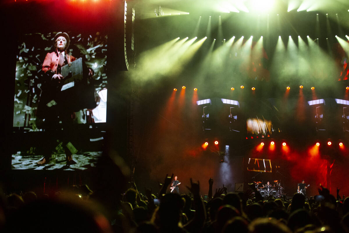 Metallica performs at Allegiant Stadium in Las Vegas, Friday, Feb. 25, 2022. (Erik Verduzco / L ...