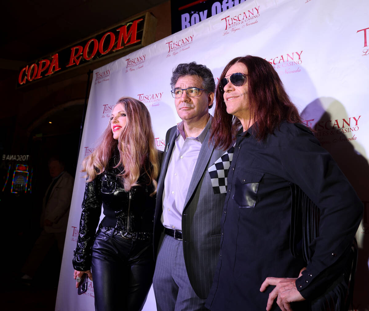 Las Vegas Review-Journal man-about-town columnist John Katsilometes, center, with entertainers ...