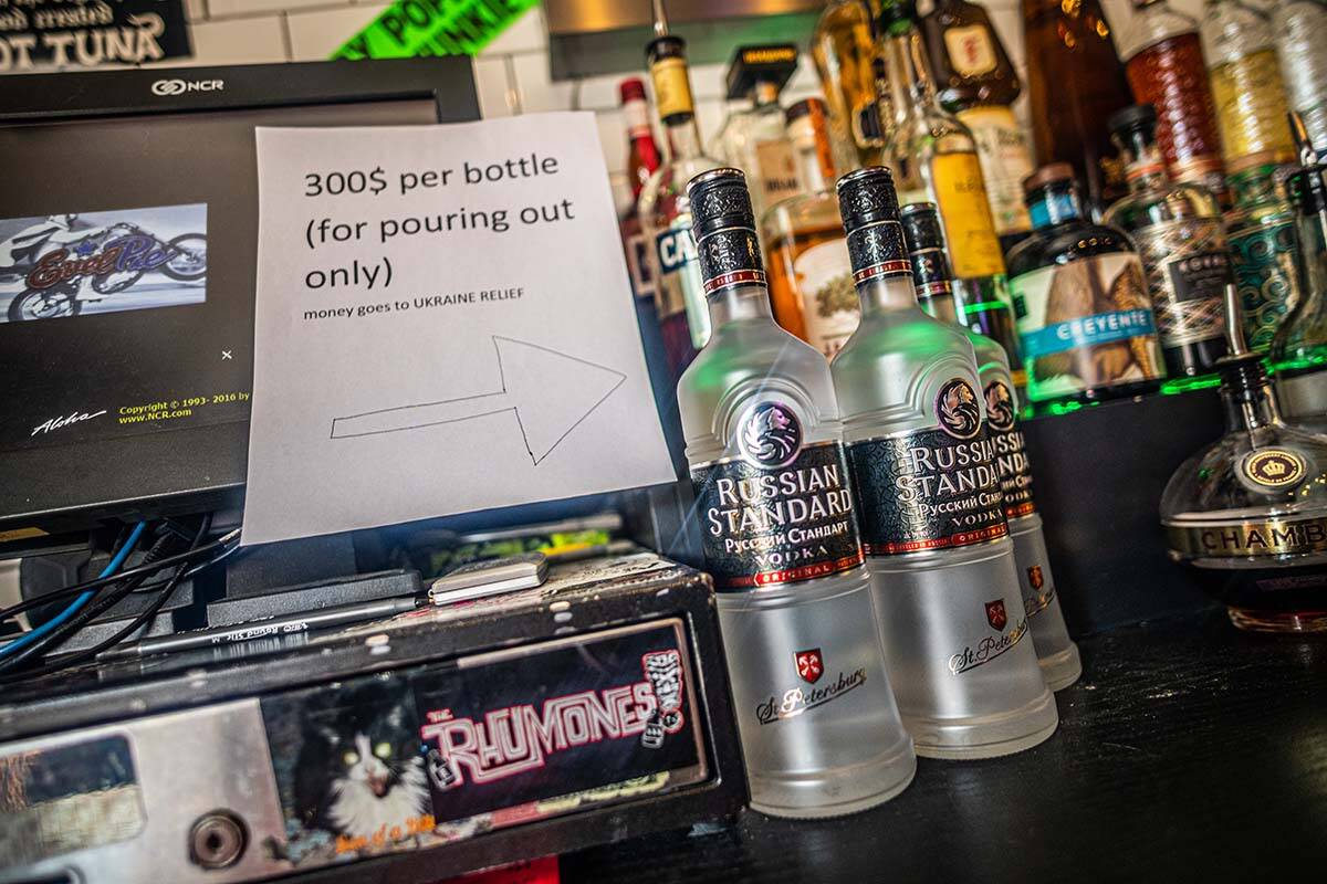Bottles of Russian vodka at Evel Pie restaurant in downtown Las Vegas were sold as part of a fu ...
