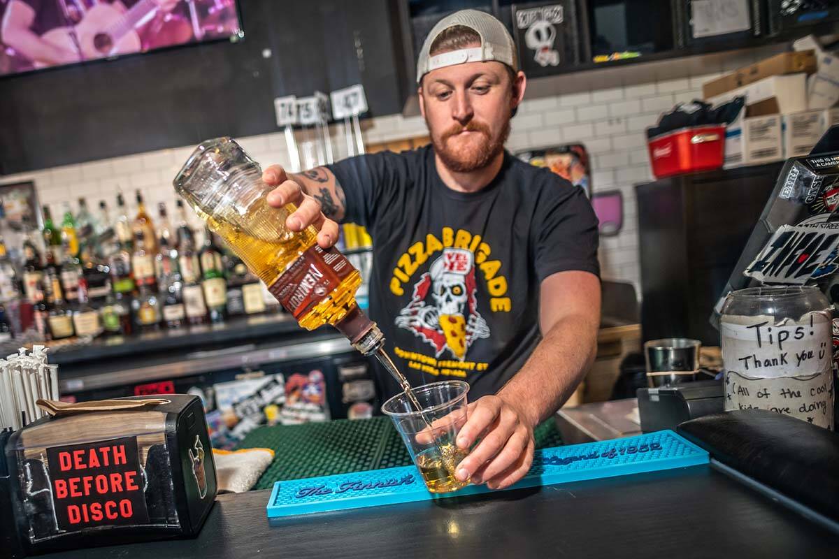 Evel Pie restaurant in downtown Las Vegas sold shots of Ukrainian vodka as part of a fundraiser ...