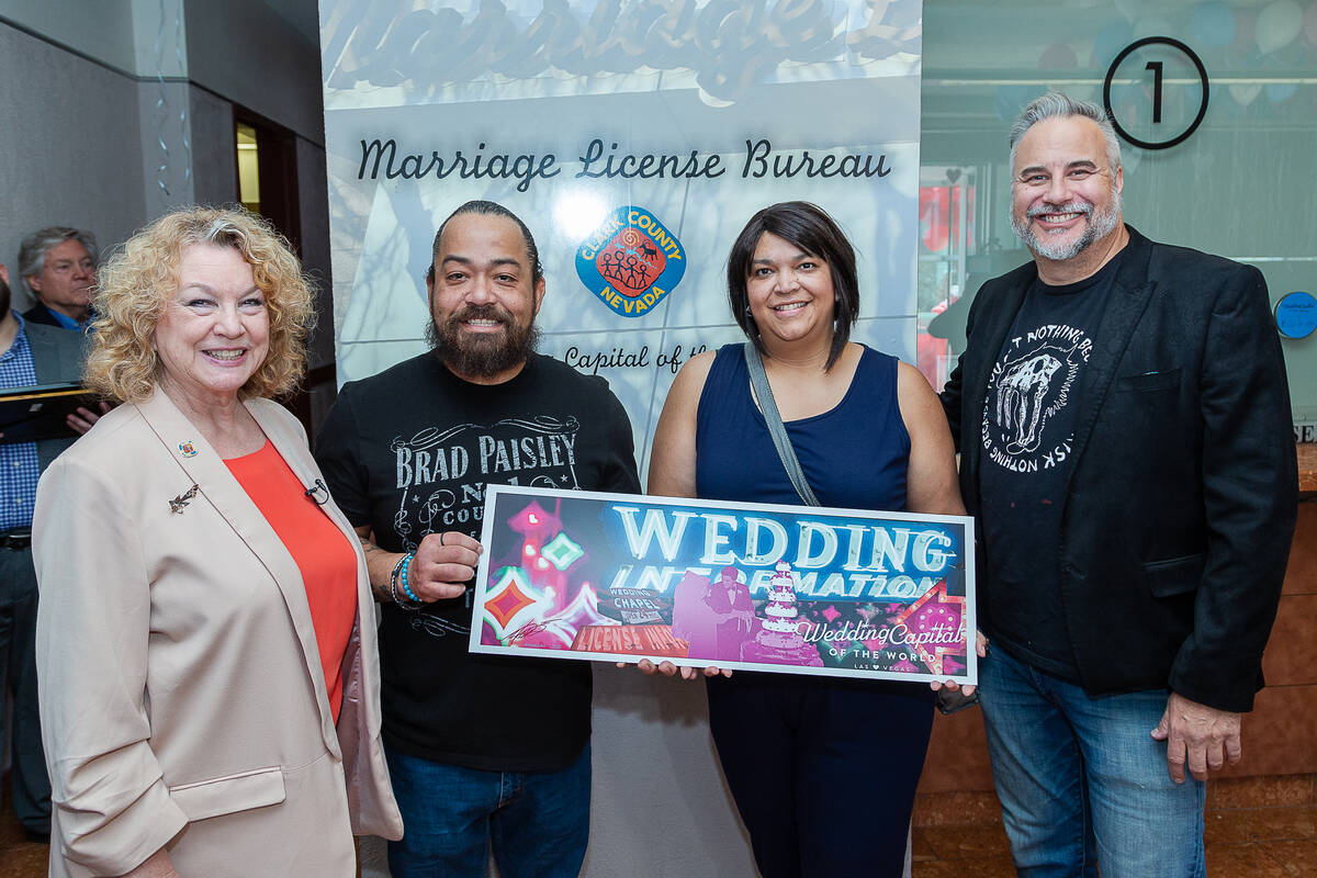 Clark County Clerk Lynn Marie Goya and Las Vegas artist Jerry Misko presents autographed mural ...