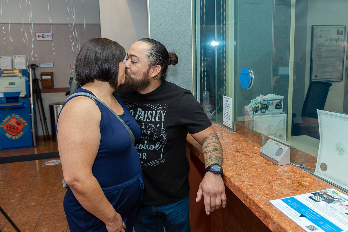 Mayra Ramirez and Luis Pantoja are shown at Clark County Marriage License Bureau on Sunday, Feb ...