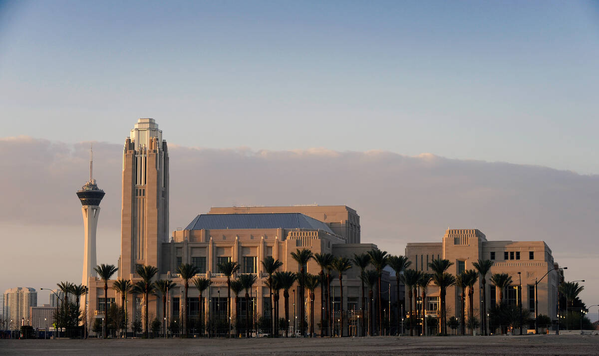 The Stratosphere hotel-casino at left, appears to be dwarfed by The Smith Center For The Perfor ...