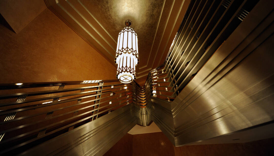 Ceiling fixtures decorate inside Reynolds Hall at The Smith Center Of The Performing Arts on We ...