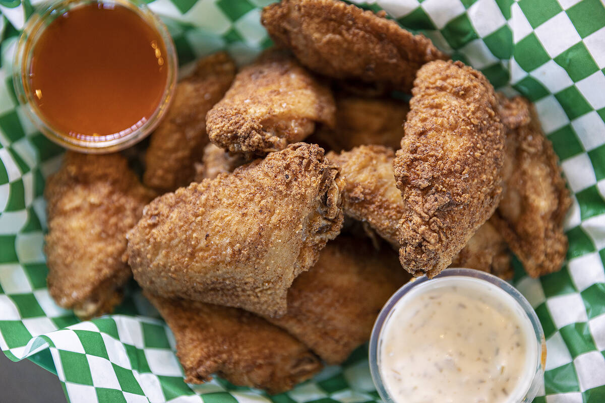 Brined chicken wings at Sticks Tavern on Wednesday, March 9, 2022, in Henderson. (Benjamin Hage ...