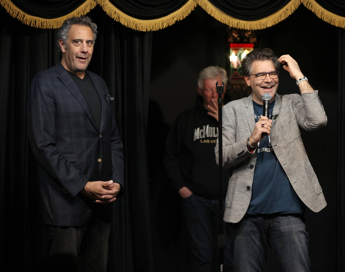 Las Vegas Review-Journal columnist John Katsilometes, right, banters with Brad Garrett before G ...