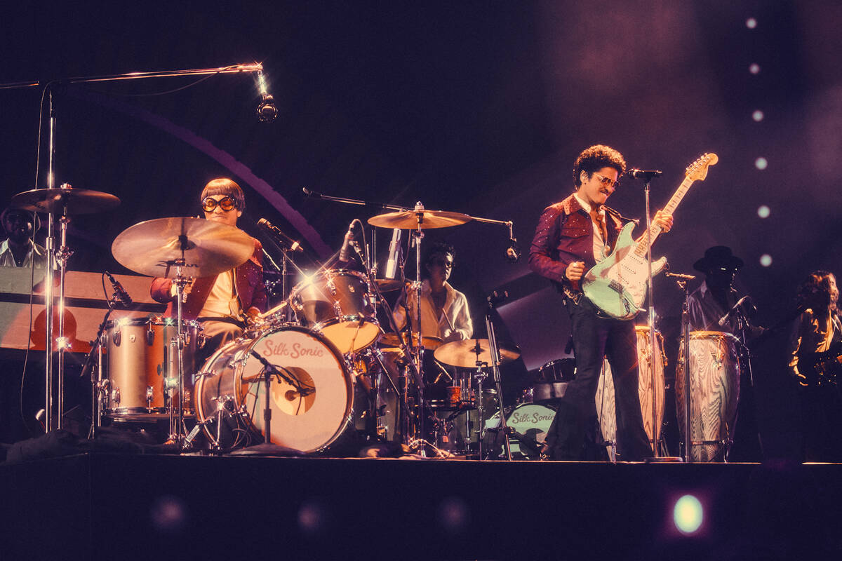 Bruno Mars and Anderson .Paak are shown in their Silk Sonic residency production at Dolby Live ...