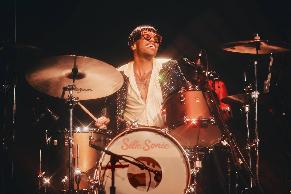Bruno Mars and Anderson .Paak are shown in their Silk Sonic residency production at Dolby Live ...