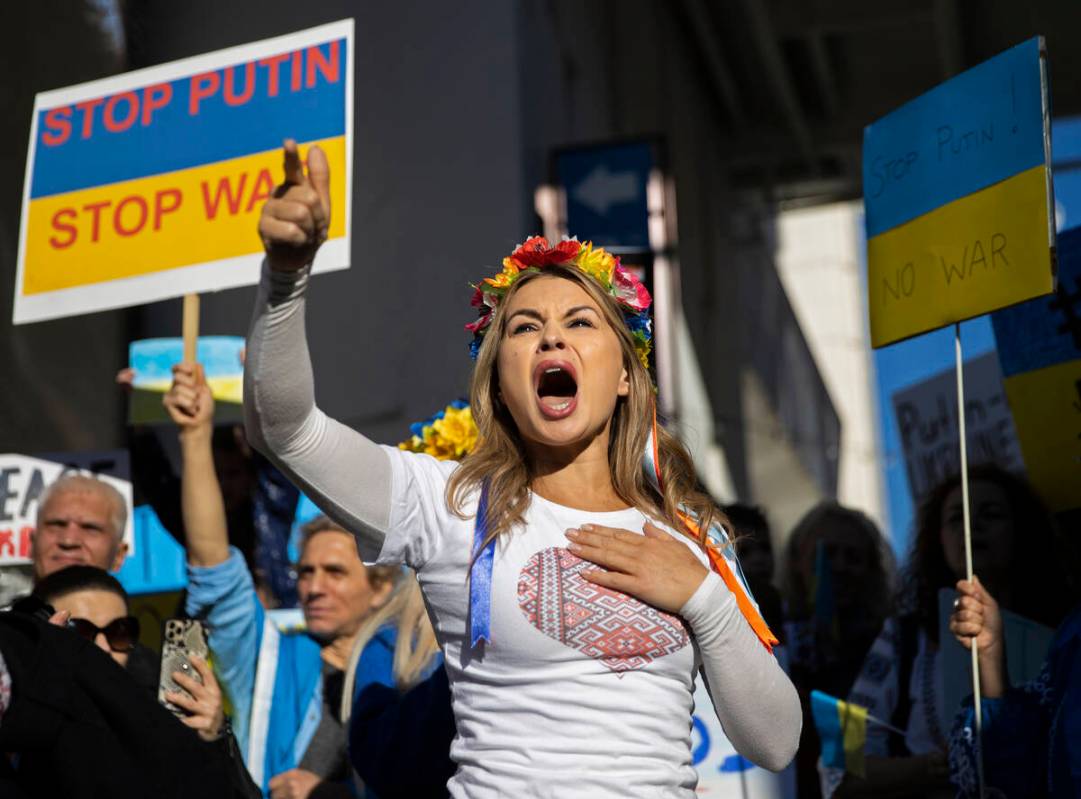 Jenny Arata, from Kyiv, Ukraine, leads demonstrators during a protest over the Russian invasion ...